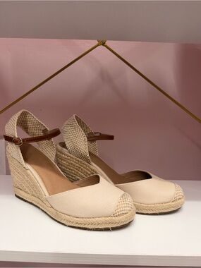 LOFT Cream Espadrille Wedge Sandals with Brown Ankle Strap